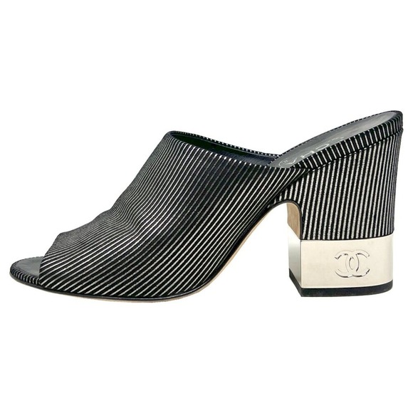 CHANEL Shoes - Chanel‎ Mules G33818 Laminated Calfskin Silver Black Striped CC Block Heel 40.5